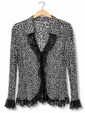 NY COLLECTION Leopard Lace Trim Blouse Top XL Pleated Y2K